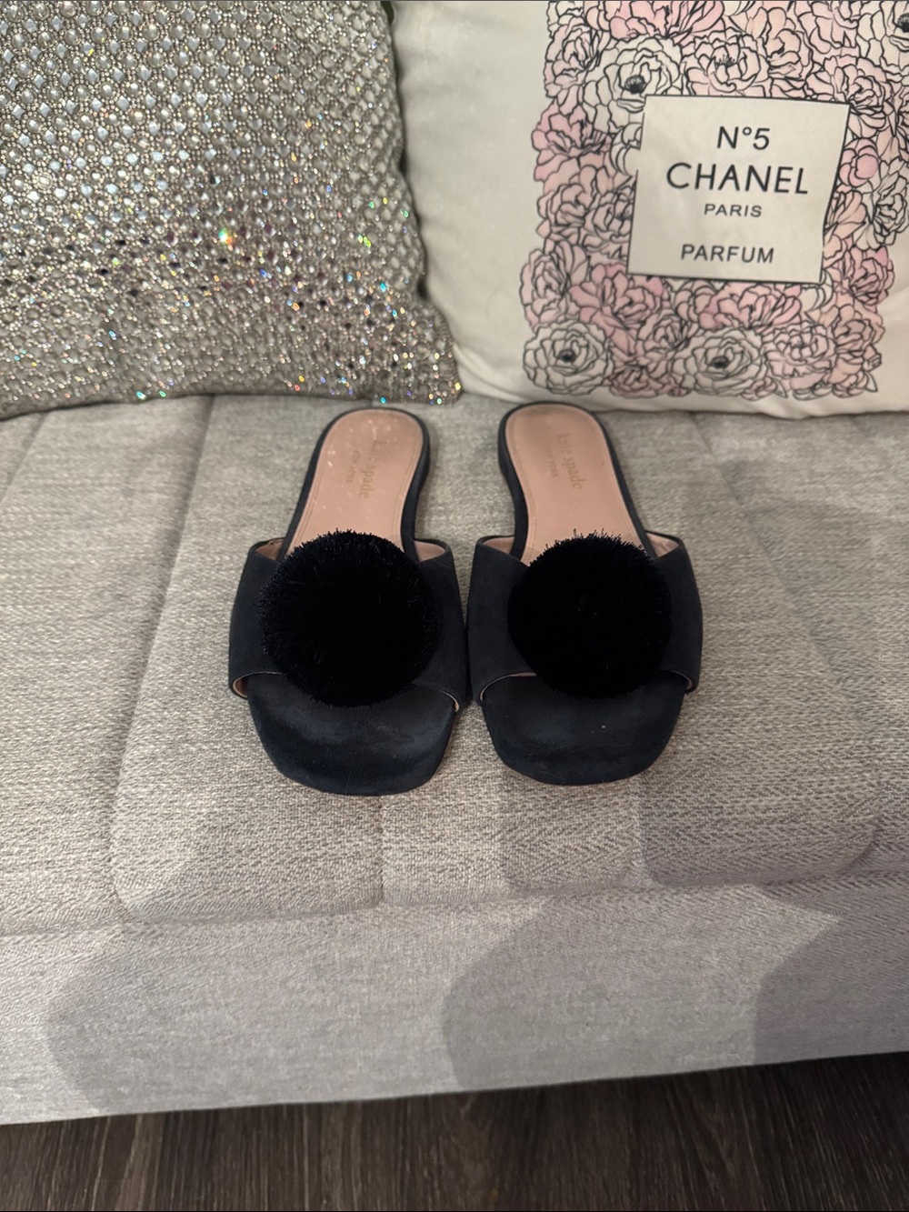 kate spade Black Pom Pom Slide Mules